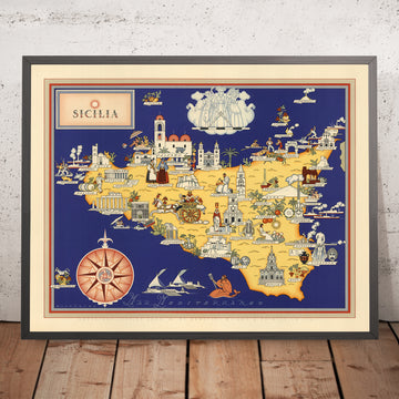 Alte bildliche Karte von Sizilien von De Agostini, 1938: Palermo, Catania, Messina, Parco dell&