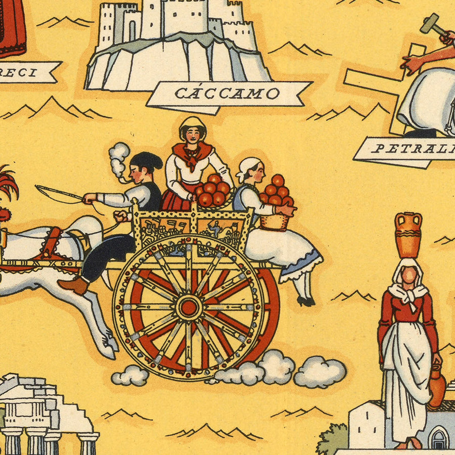 Vecchia mappa pittorica della Sicilia di De Agostini, 1938: Palermo, Catania, Messina, Parco dell&