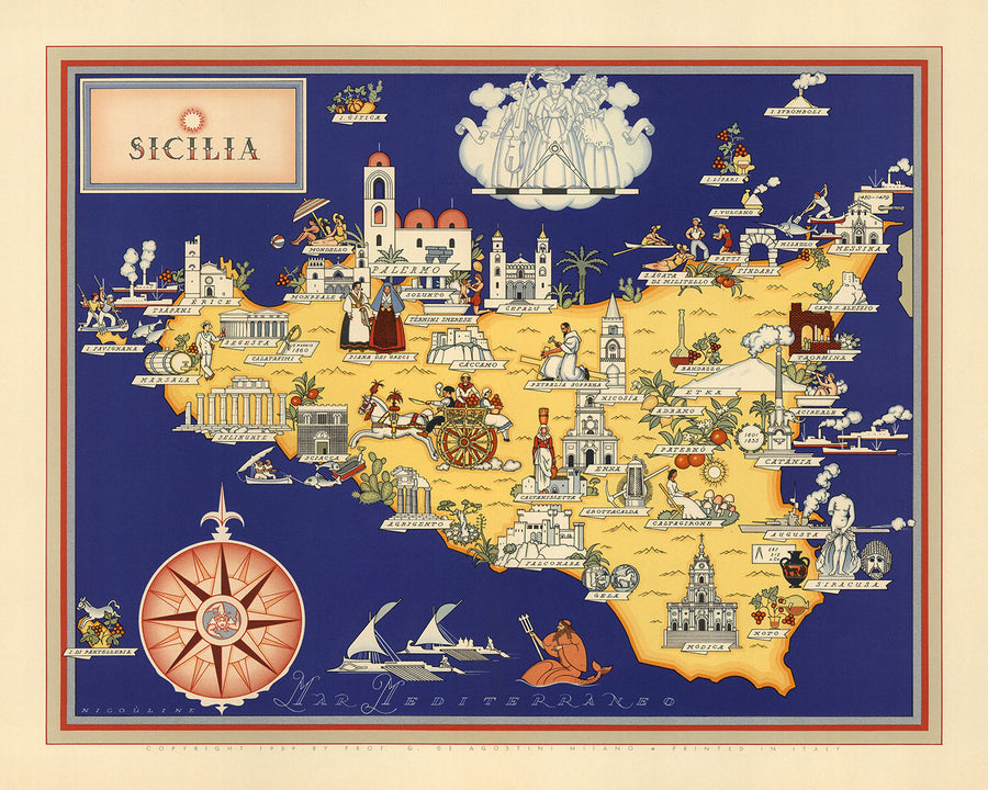Vecchia mappa pittorica della Sicilia di De Agostini, 1938: Palermo, Catania, Messina, Parco dell&