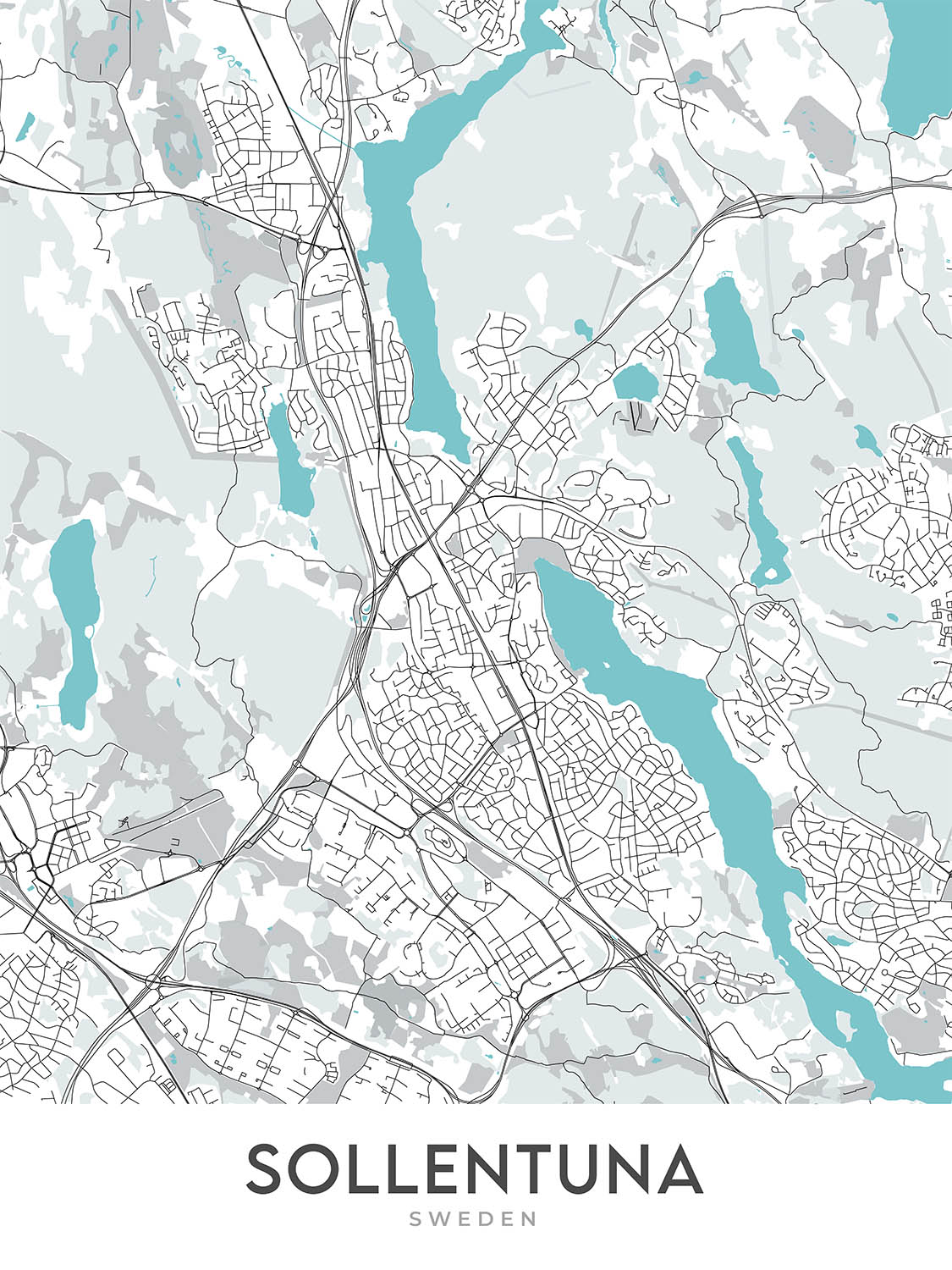Mapa moderno de la ciudad de Sollentuna, Suecia: Sollentuna, Tureberg, Häggvik, E4, E18