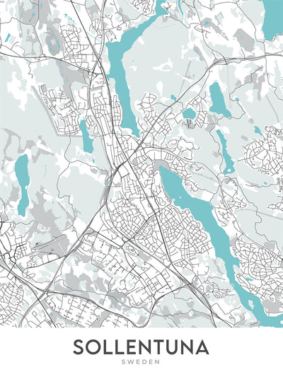Mapa moderno de la ciudad de Sollentuna, Suecia: Sollentuna, Tureberg, Häggvik, E4, E18