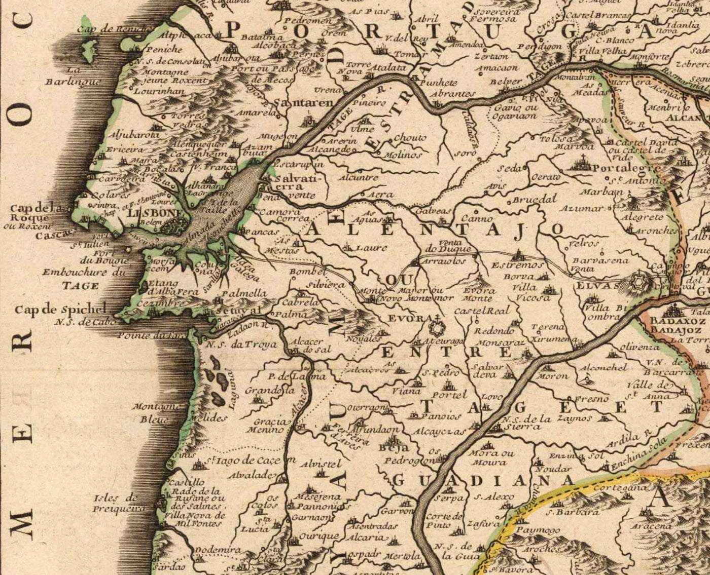 Antiguo mapa del Algarve y Gibraltar en 1742 por Nicolas de Fer - Cádiz, Málaga, Sevilla, Marbella, Lisboa, Portugal, España