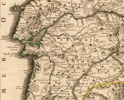 Antiguo mapa del Algarve y Gibraltar en 1742 por Nicolas de Fer - Cádiz, Málaga, Sevilla, Marbella, Lisboa, Portugal, España