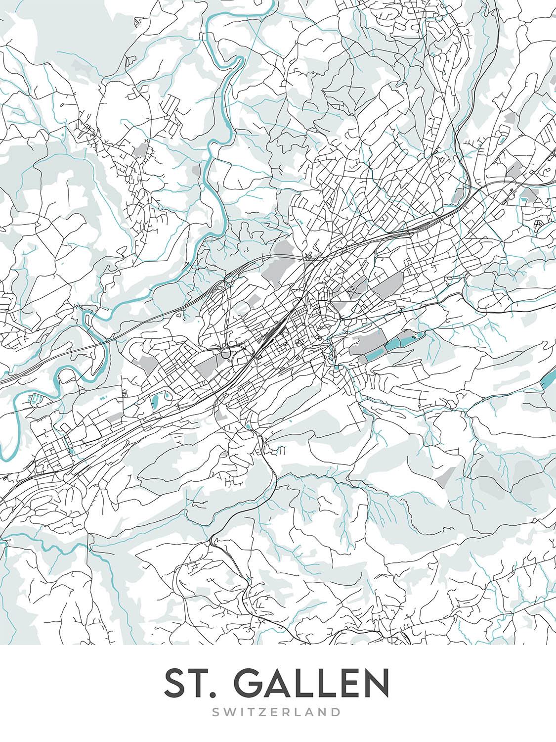 Plan de la ville moderne de Saint-Gall, Suisse : abbaye, cathédrale et université