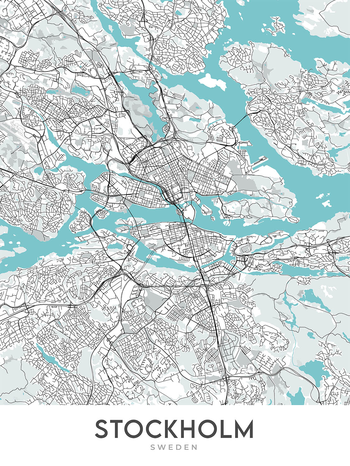 Modern City Map of Stockholm, Sweden: Gamla Stan, Stockholm Palace, Djurgården, E4, E18