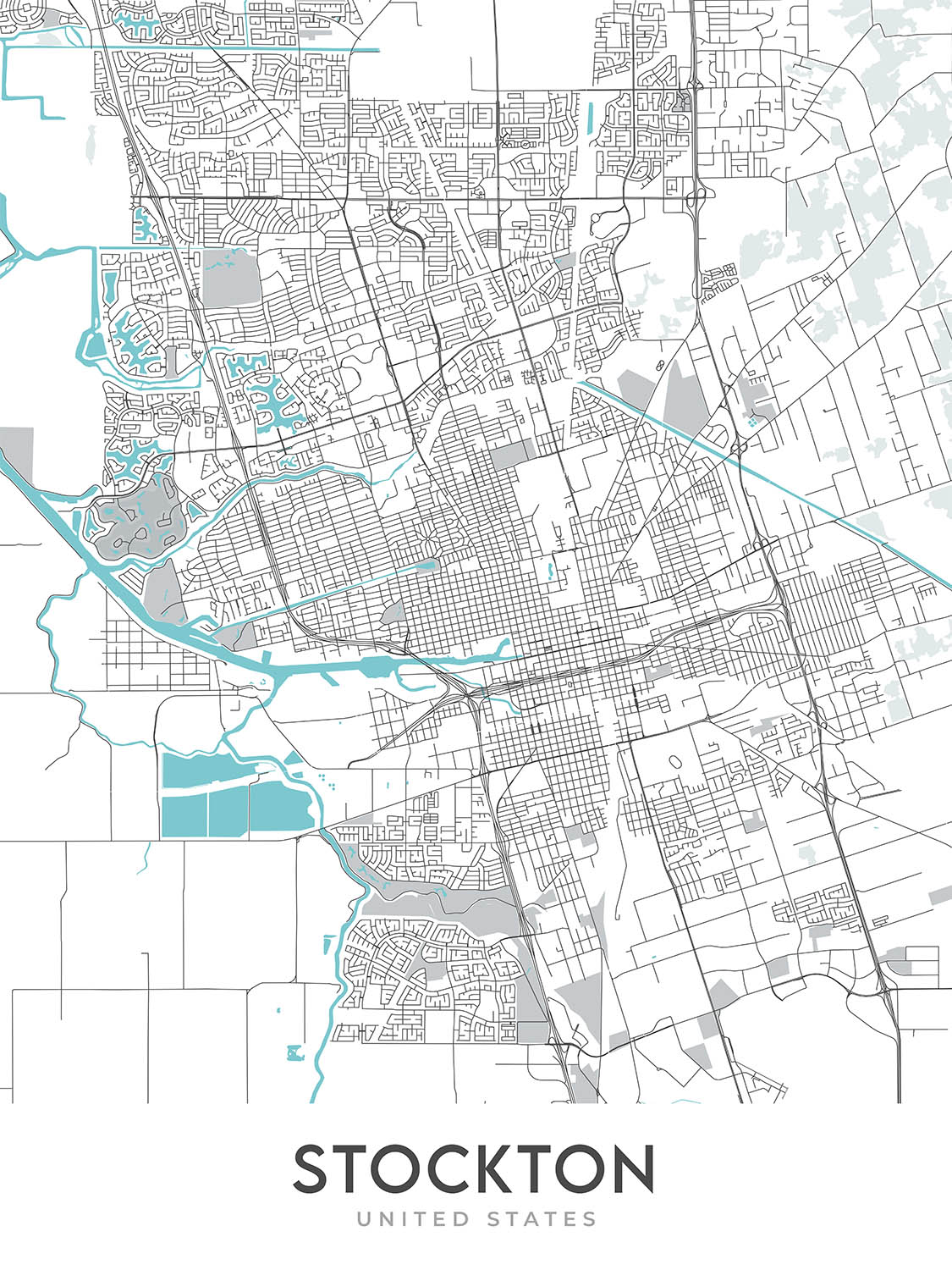 Plan de la ville moderne de Stockton, Californie : centre-ville, Université du Pacifique, Stockton Arena, I-5, SR-99