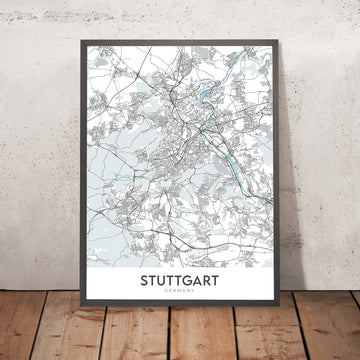 Mappa della città moderna di Stoccarda, Germania: Fernsehturm, Museo Mercedes-Benz, Museo Porsche, Schloss Solitude, Staatsgalerie 