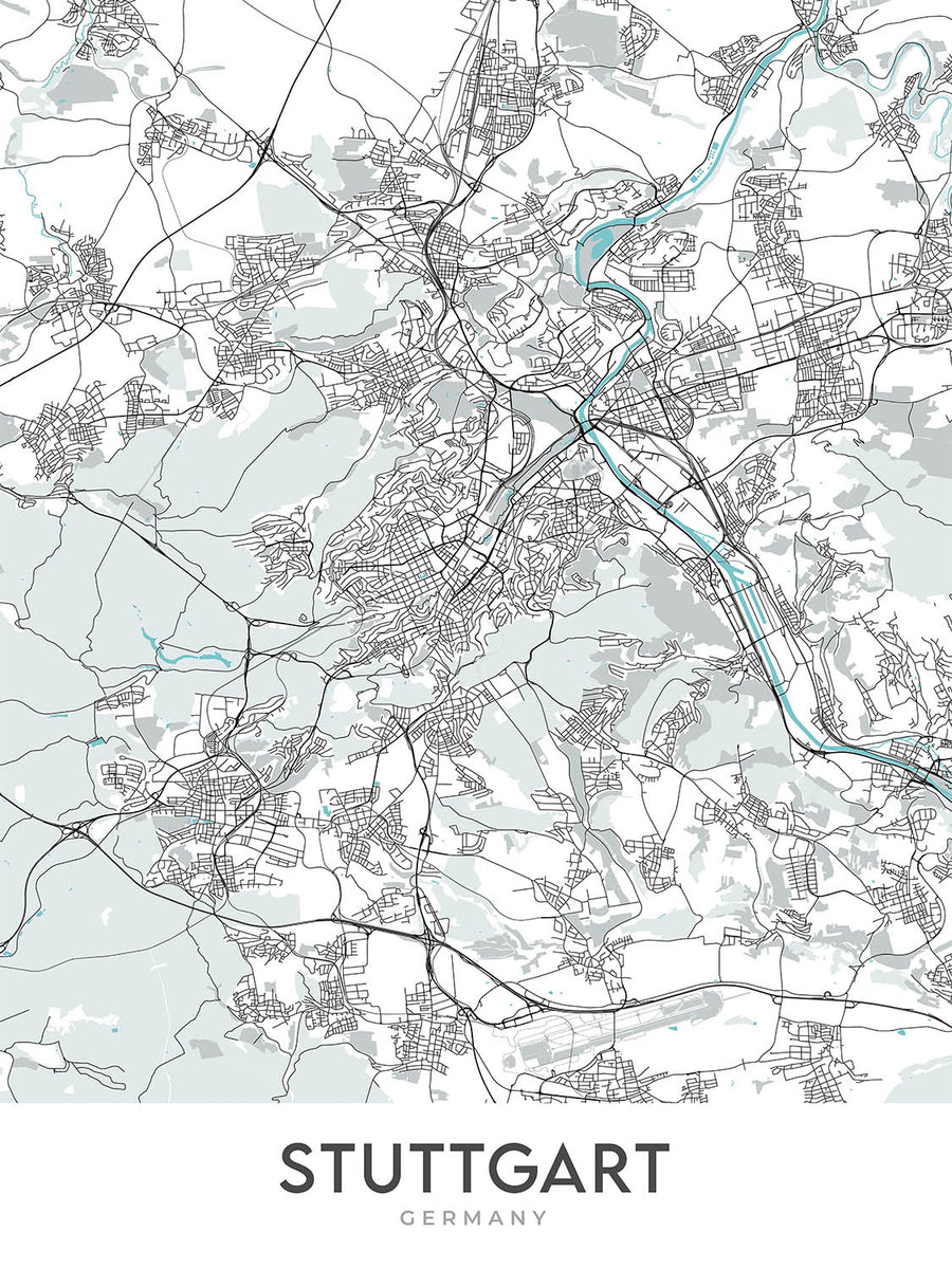 Plan de la ville moderne de Stuttgart, Allemagne : Fernsehturm, musée Mercedes-Benz, musée Porsche, Schloss Solitude, Staatsgalerie