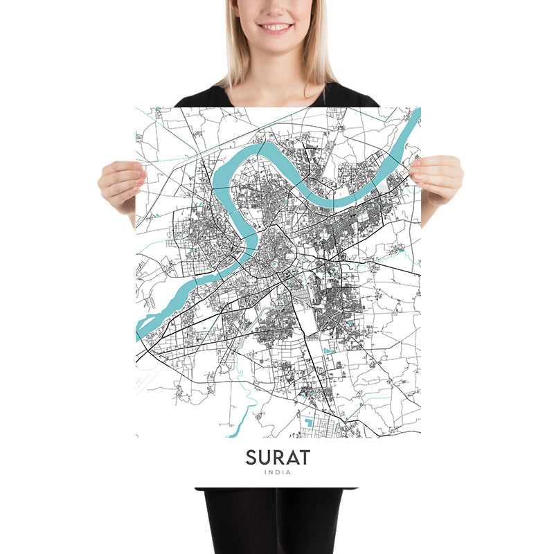Modern City Map of Surat, Gujarat: Athwa, Tapi River, Sarthana Park, Dumas Rd, Dutch Garden