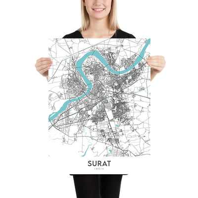Modern City Map of Surat, Gujarat: Athwa, Tapi River, Sarthana Park, Dumas Rd, Dutch Garden