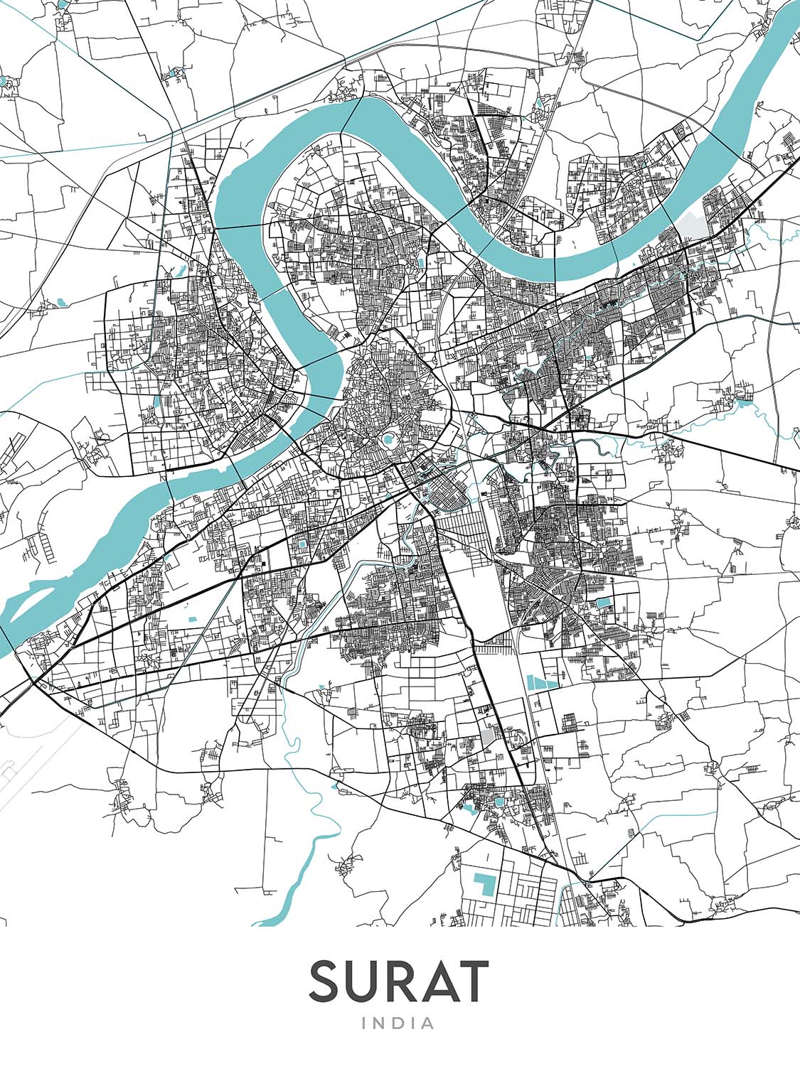 Modern City Map of Surat, Gujarat: Athwa, Tapi River, Sarthana Park, Dumas Rd, Dutch Garden