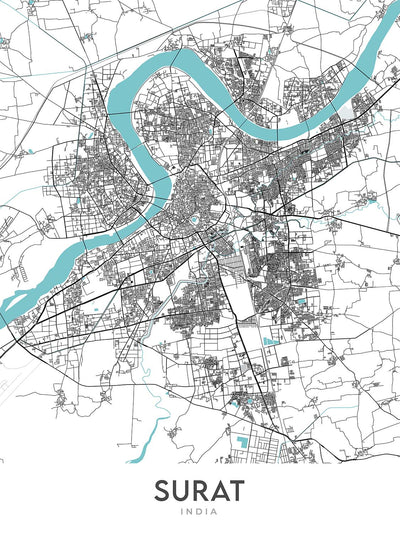Modern City Map of Surat, Gujarat: Athwa, Tapi River, Sarthana Park, Dumas Rd, Dutch Garden