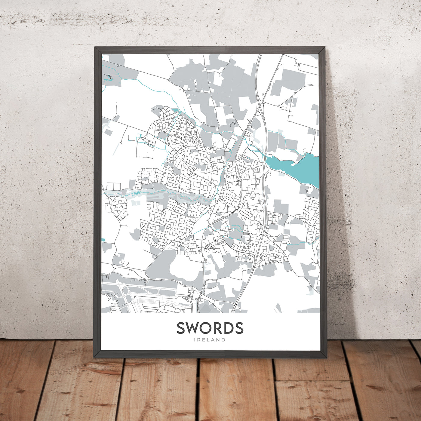 Mapa moderno de la ciudad de Swords, Irlanda: Castillo de Swords, Castillo de Malahide, Playa Donabate, Playa Portrane, Playa Rush