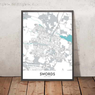 Mapa moderno de la ciudad de Swords, Irlanda: Castillo de Swords, Castillo de Malahide, Playa Donabate, Playa Portrane, Playa Rush