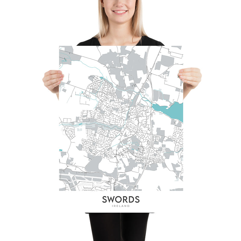 Mapa moderno de la ciudad de Swords, Irlanda: Castillo de Swords, Castillo de Malahide, Playa Donabate, Playa Portrane, Playa Rush