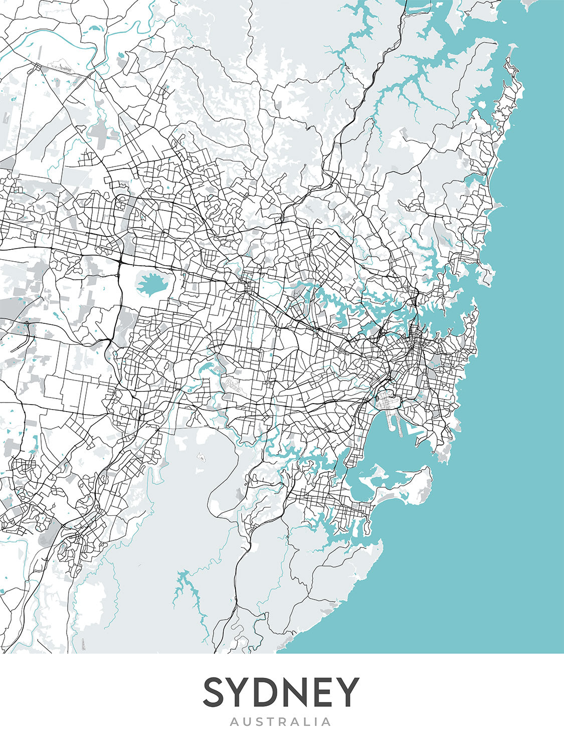 Mapa moderno de la ciudad de Sydney, Australia: CBD, Opera House, Harbour Bridge, Bondi Beach, The Rocks