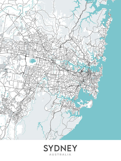 Mapa moderno de la ciudad de Sydney, Australia: CBD, Opera House, Harbour Bridge, Bondi Beach, The Rocks