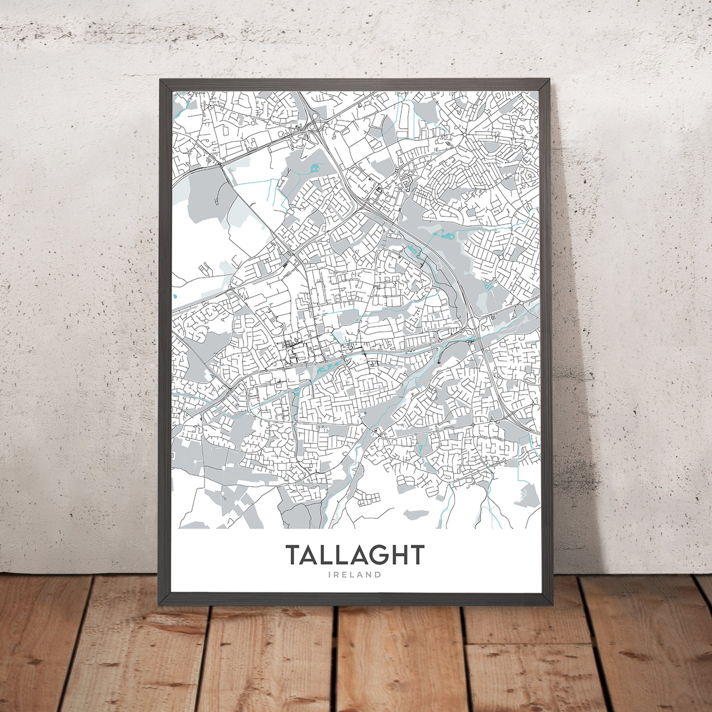 Mapa moderno de la ciudad de Tallaght, Irlanda: estadio de Tallaght, la plaza, hospital de Tallaght, autopista M50, ruta nacional N81