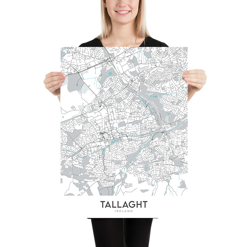 Mapa moderno de la ciudad de Tallaght, Irlanda: estadio de Tallaght, la plaza, hospital de Tallaght, autopista M50, ruta nacional N81