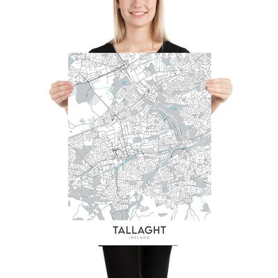 Mapa moderno de la ciudad de Tallaght, Irlanda: estadio de Tallaght, la plaza, hospital de Tallaght, autopista M50, ruta nacional N81