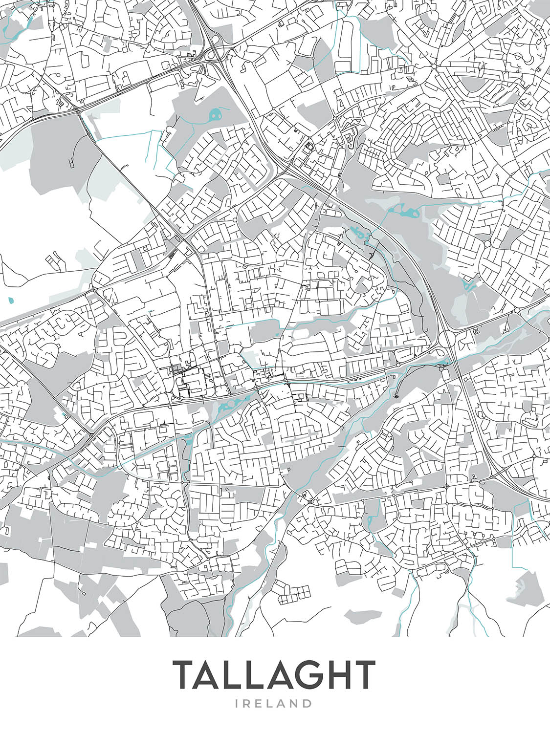 Mapa moderno de la ciudad de Tallaght, Irlanda: estadio de Tallaght, la plaza, hospital de Tallaght, autopista M50, ruta nacional N81