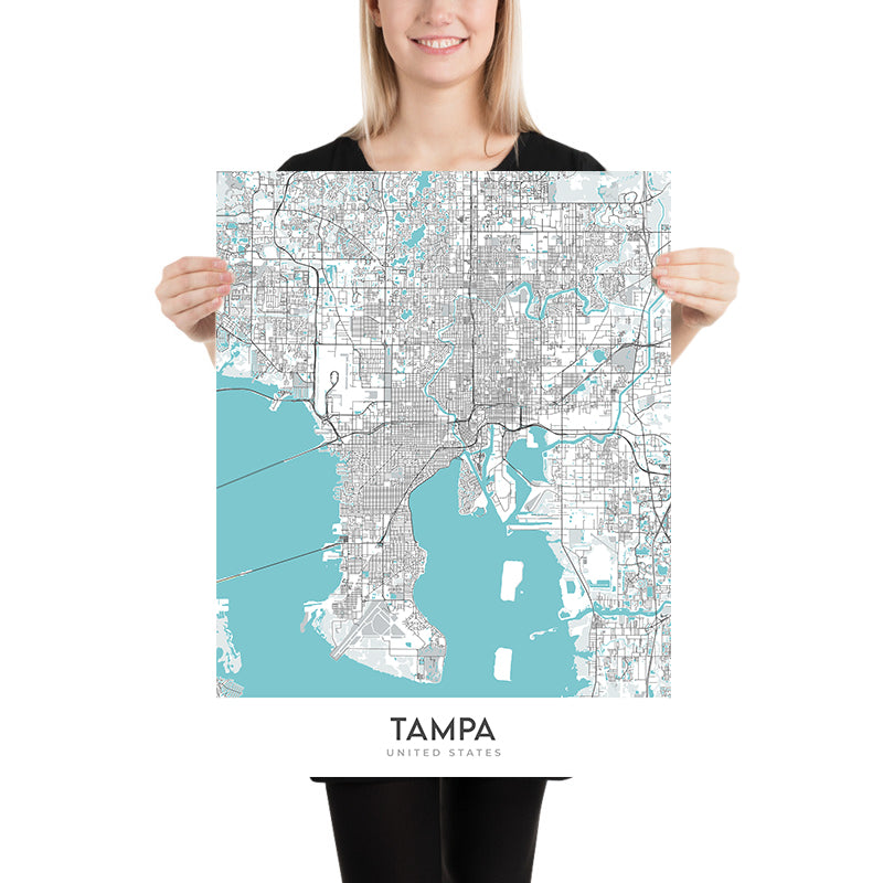Plan de la ville moderne de Tampa, Floride : centre-ville, Ybor City, Bayshore, aéroport, stade