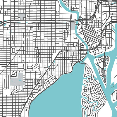 Plan de la ville moderne de Tampa, Floride : centre-ville, Ybor City, Bayshore, aéroport, stade