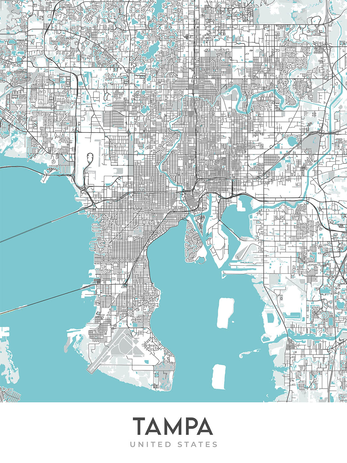 Plan de la ville moderne de Tampa, Floride : centre-ville, Ybor City, Bayshore, aéroport, stade
