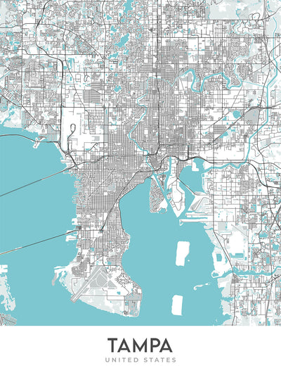 Plan de la ville moderne de Tampa, Floride : centre-ville, Ybor City, Bayshore, aéroport, stade