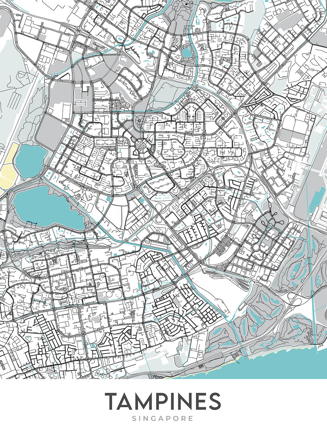 Modern City Map of Tampines, Singapore: Our Tampines Hub, Tampines Mall, Eco Green, Regional Library, Central Park
