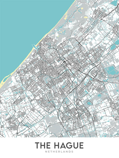 Moderne Stadtkarte von Den Haag, Niederlande: Binnenhof, Friedenspalast, Strand von Scheveningen, Madurodam, Escher-Museum 