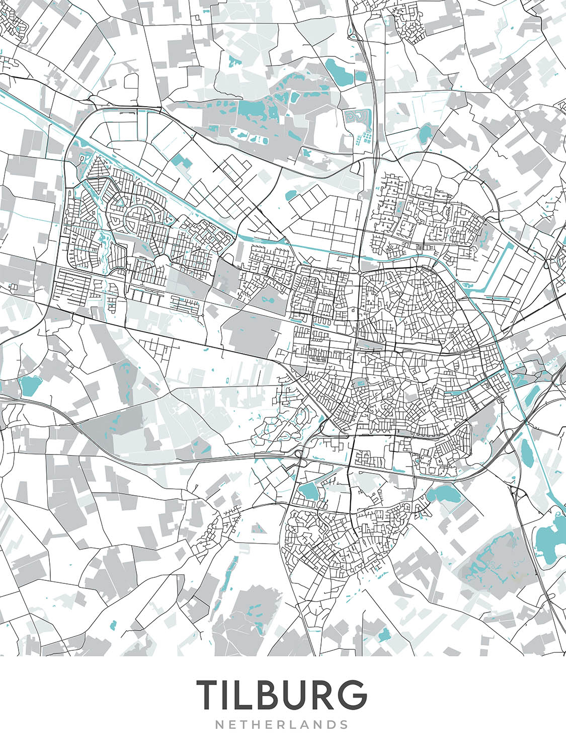 Modern City Map of Tilburg, Netherlands: Tilburg University, De Pont Museum, Natuurmuseum Brabant, TextielMuseum, Paleis-Raadhuis