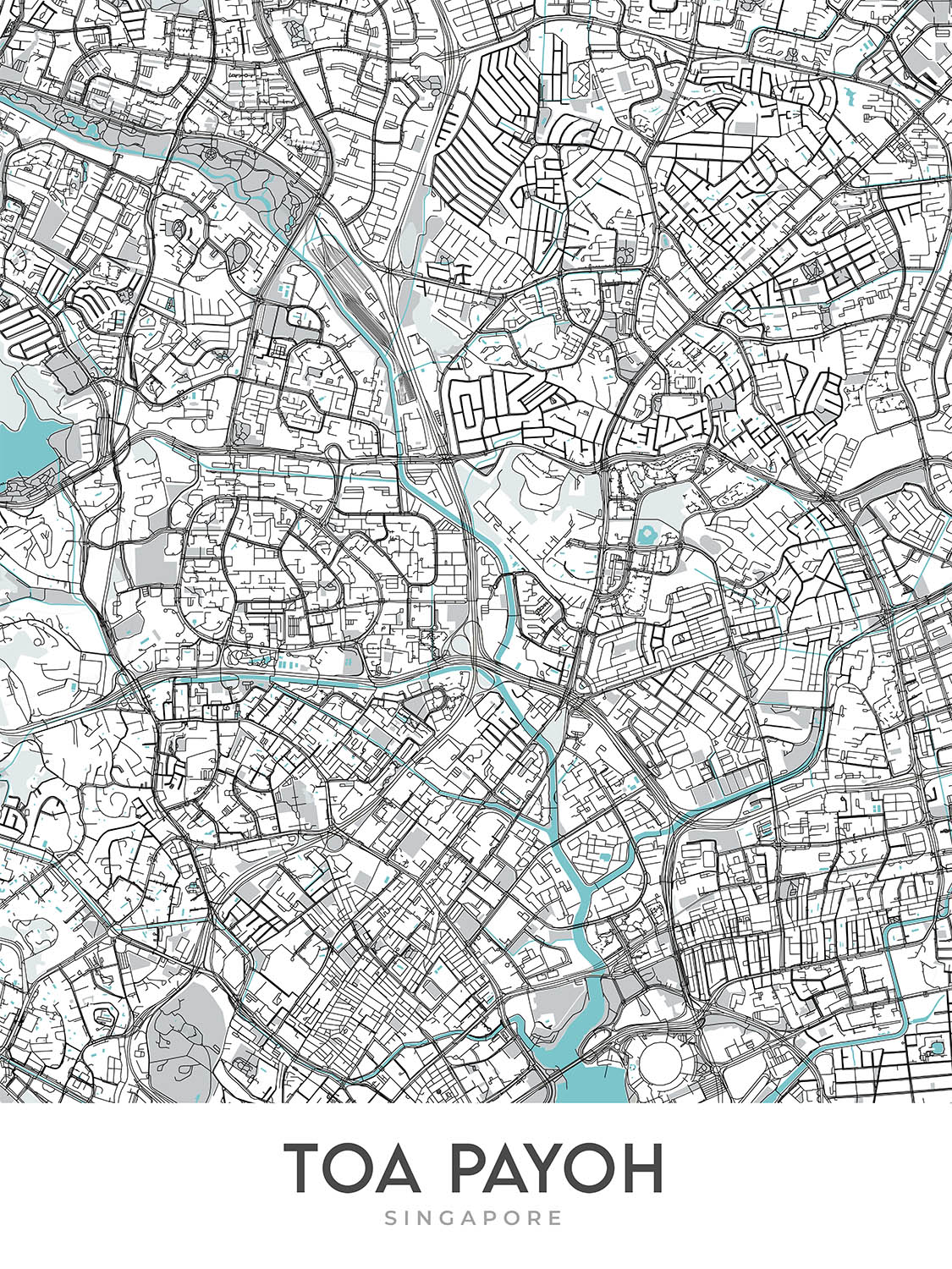 Plan de la ville moderne de Toa Payoh, Singapour : HDB Hub, Toa Payoh Library, Town Park, Lorong 1, CHIJ Primary