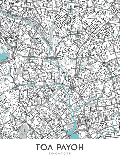 Plan de la ville moderne de Toa Payoh, Singapour : HDB Hub, Toa Payoh Library, Town Park, Lorong 1, CHIJ Primary