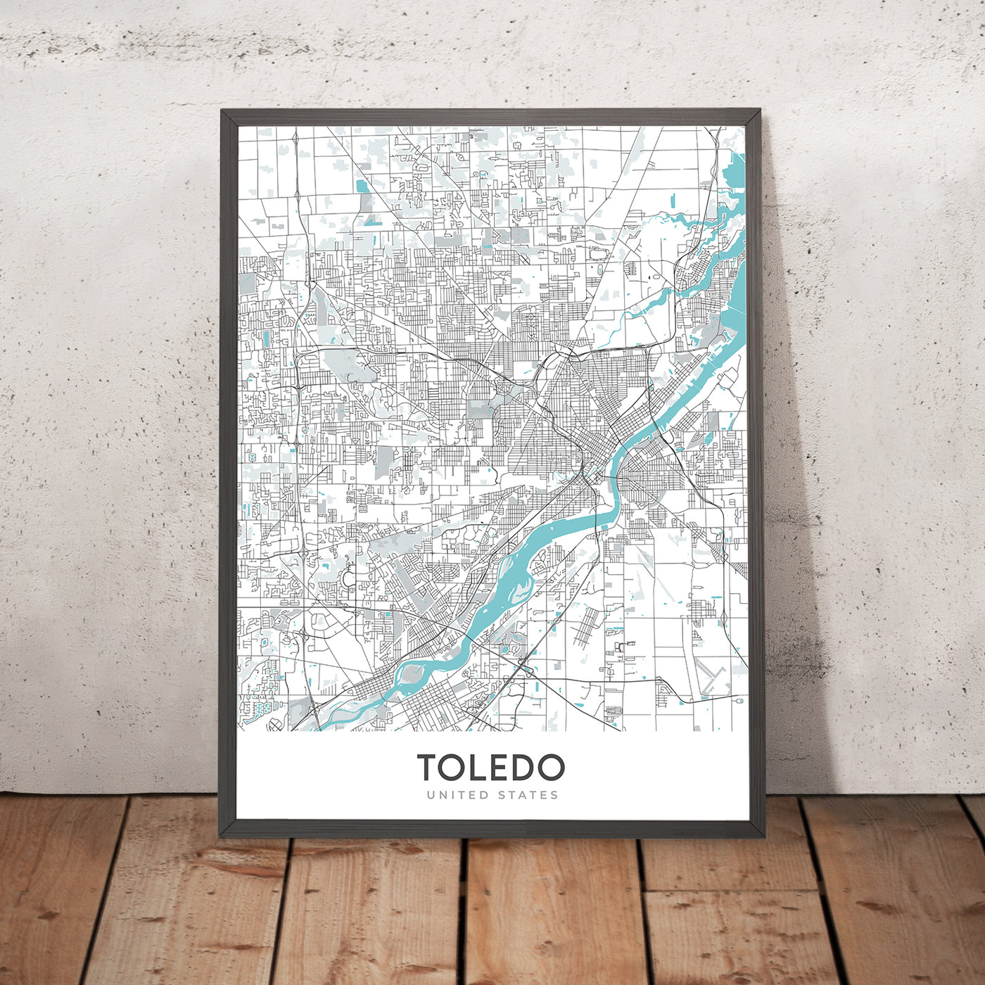 Plan de la ville moderne de Toledo, OH : centre-ville, musée d'art de Toledo, I-75, I-80/90, Université de Toledo