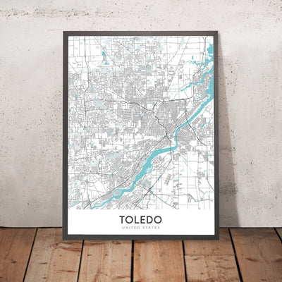 Plan de la ville moderne de Toledo, OH : centre-ville, musée d'art de Toledo, I-75, I-80/90, Université de Toledo