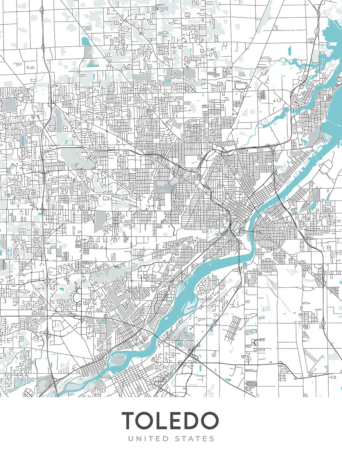 Plan de la ville moderne de Toledo, OH : centre-ville, musée d'art de Toledo, I-75, I-80/90, Université de Toledo