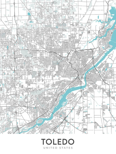 Plan de la ville moderne de Toledo, OH : centre-ville, musée d'art de Toledo, I-75, I-80/90, Université de Toledo