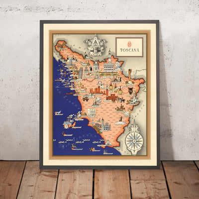 Antigua Mapa Pictórico de Toscana por De Agostini, 1938: Pisa, Florencia, Siena, Archipiélago Toscano, Foreste Casentinesi 