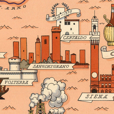 Antigua Mapa Pictórico de Toscana por De Agostini, 1938: Pisa, Florencia, Siena, Archipiélago Toscano, Foreste Casentinesi 