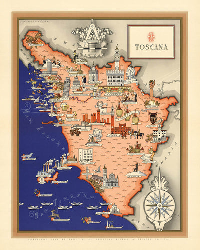 Antigua Mapa Pictórico de Toscana por De Agostini, 1938: Pisa, Florencia, Siena, Archipiélago Toscano, Foreste Casentinesi 
