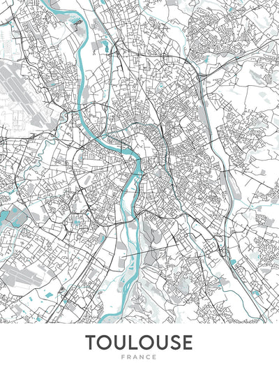 Modern City Map of Toulouse, France: Saint-Sernin, Pont Neuf, Place du Capitole, Canal du Midi, Garonne River
