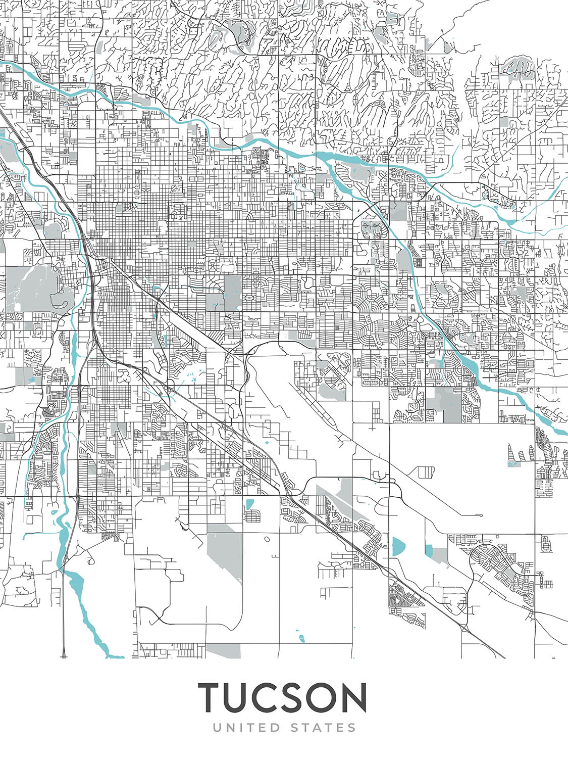Modern City Map of Tucson, AZ: Univ of Arizona, Pima Air & Space Museum, Saguaro NP, Sabino Canyon, Mount Lemmon