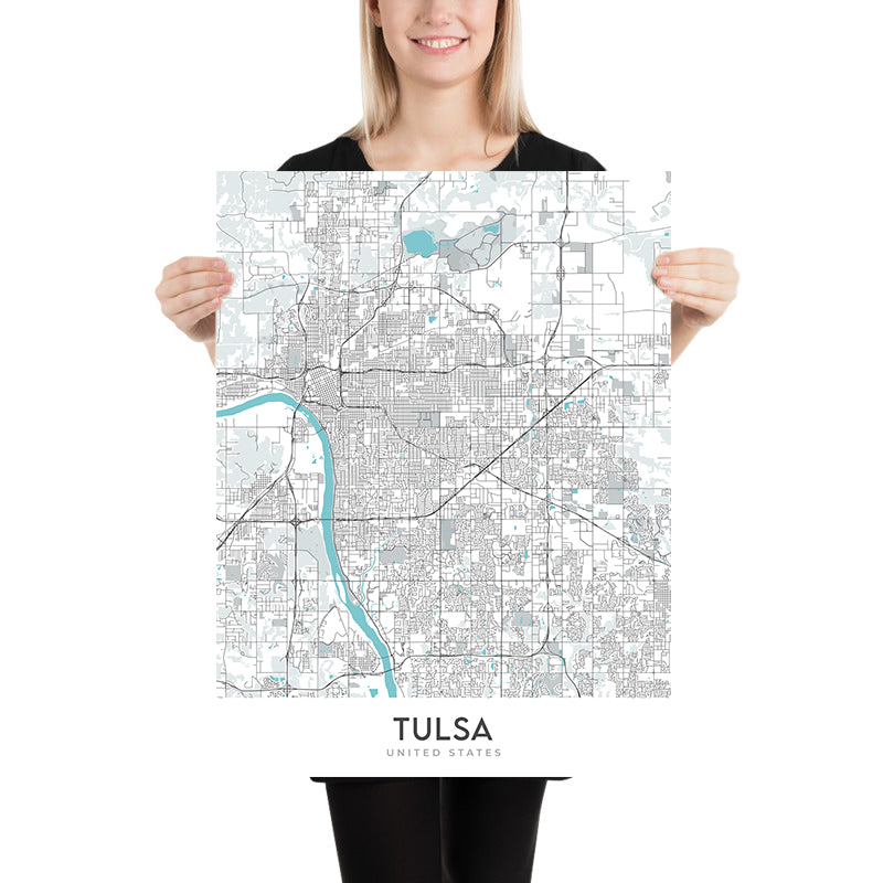 Plan de la ville moderne de Tulsa, OK : centre-ville, zoo de Tulsa, I-44, jardin botanique de Tulsa, centre BOK