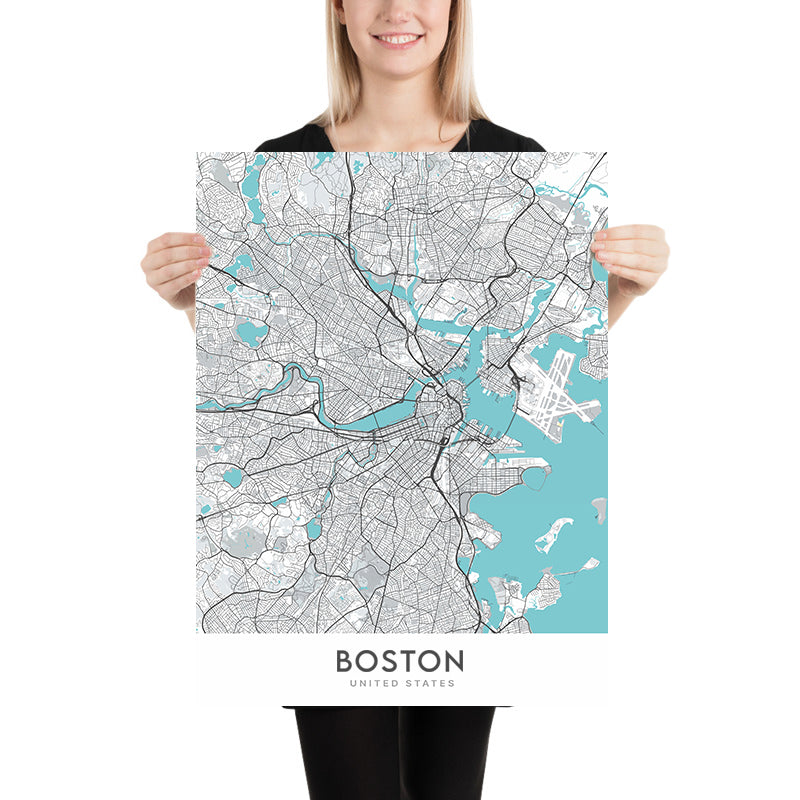 Mapa de la ciudad moderna de Boston, MA: Back Bay, Fenway Park, Universidad de Harvard, MIT, North End 