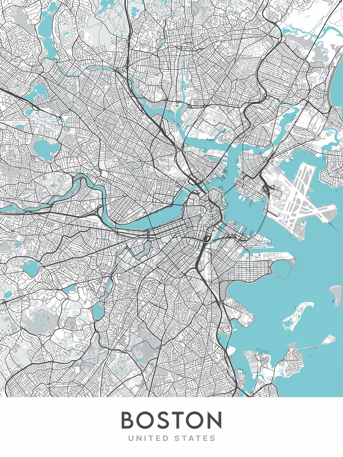 Mapa de la ciudad moderna de Boston, MA: Back Bay, Fenway Park, Universidad de Harvard, MIT, North End 