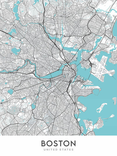Mapa de la ciudad moderna de Boston, MA: Back Bay, Fenway Park, Universidad de Harvard, MIT, North End 