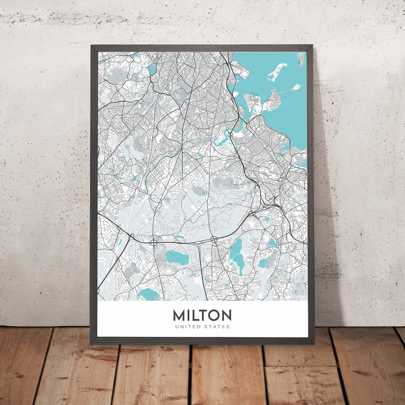 Plan de la ville moderne de Milton, MA : réserve de Blue Hills, parc Cunningham, Houghton's Pond, Chickatawbut Hill, Blue Hill Avenue