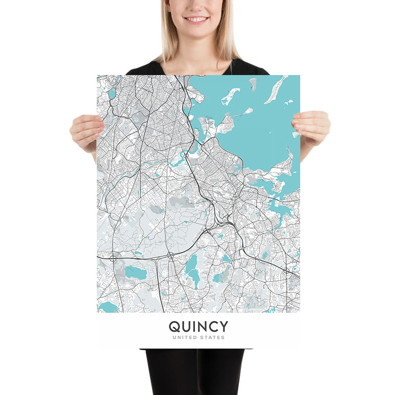 Modern City Map of Quincy, MA: Adams National Park, Blue Hills Reservation, Cemetery, Market, Wollaston Beach