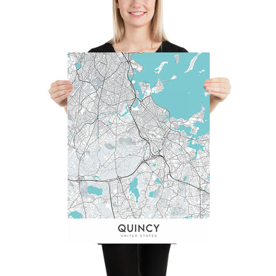 Modern City Map of Quincy, MA: Adams National Park, Blue Hills Reservation, Cemetery, Market, Wollaston Beach